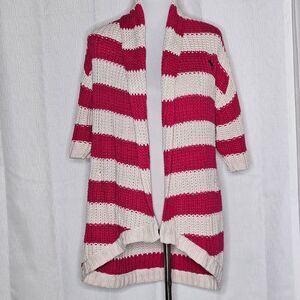 Abercrombie & Fitch Deep Rasberry Cream Stripe Open Front Knit Cardigan Sweater